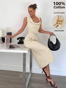Siren Gaze Robe mi-longue sans manches en 100% coton avec boucle métallique, col bénitier drapé, élégante et moulante pour l'été. Robe décontractée pour vacances. Robe longue asymétrique élégante. Robe de cocktail d'été, robe d'épaule dénudée. Tenue de bureau décontractée pour femme. Robe froncée élégante de haute qualité, robes professionnelles pour femmes - Nude - Voir 5