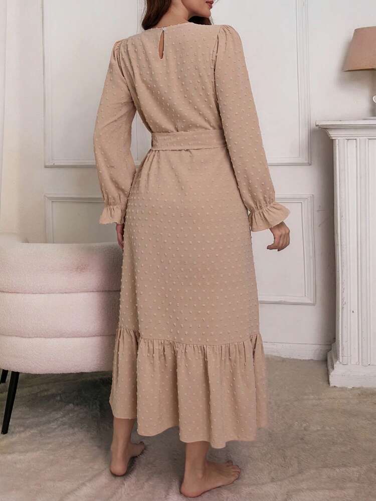 Polka Dot Textured Jacquard Waist-Cinched Long Nightgown For Women
