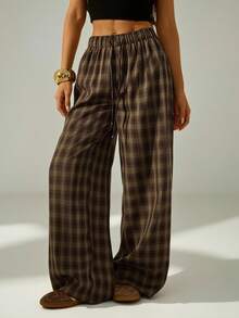 SHEIN PETITE Women's Brown Baggy Plaid Minimalist Casual Pants - Multicolor - View 8