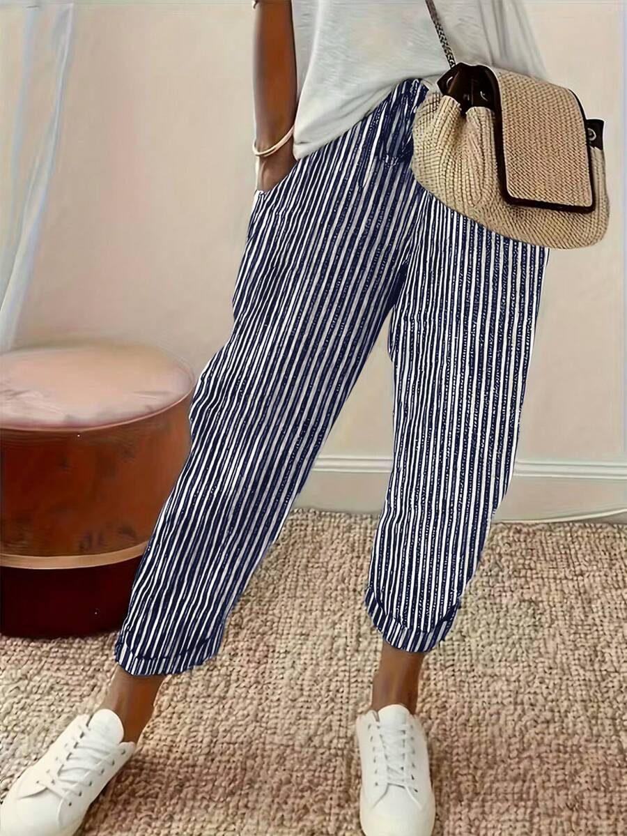 EMERY ROSE Celana Wanita Bergaris Kasual Serbaguna untuk Pemakaian Sehari-hari - Navy Blue - View 1