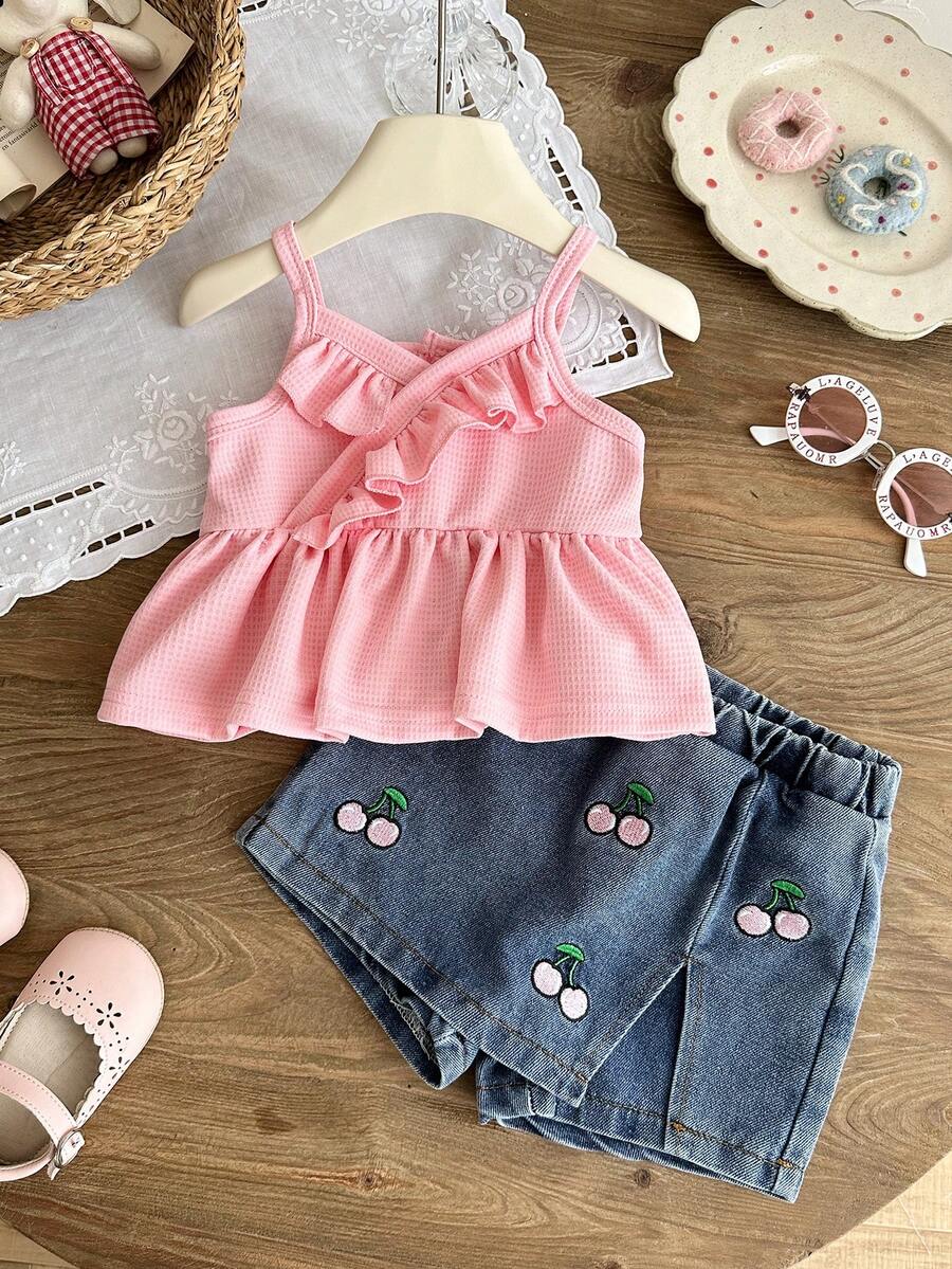 SHEIN 2pcs Baby Girls Pink Summer Cute Vacation Outfit Ruffled Halter Top With Cherry Embroidery And Denim Culottes Skirt Set For Spring/Summer Outing - Pink - View 1