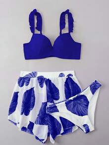 SHEIN Swim 夏日海灘3入組葉子印花Push Up比基尼和連體短褲 - 寶藍色 - 查看 7