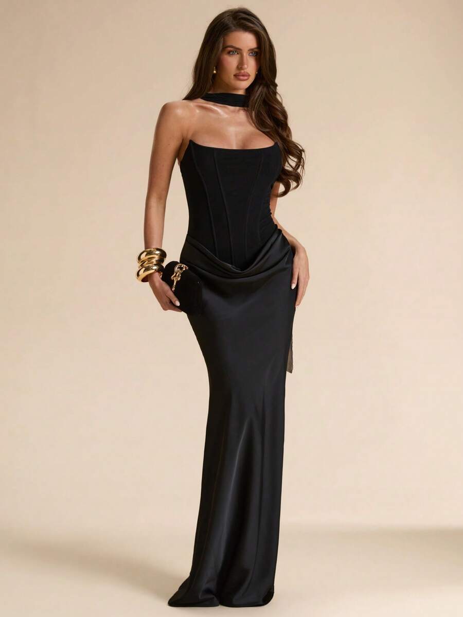 SHEIN BAE Đầm màu nâu trơn ôm sát người, chất liệu lưới và satin, thanh lịch, thích hợp cho tiệc trưa, dự đám cưới, tiệc trang trọng, mùa hè, đầm nâu, đầm dự tiệc cưới, đầm ngắn sinh nhật, đầm duyên dáng. - màu đen - Xem 1