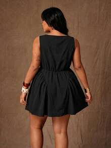 Rustia Women's Plus Size Black Elegant Mini Dress,Button Decorated Ruffle Hem Sleeveless Dress For Dinner,Summer,Work,Formal Occasions, & Fashionable - Black - View 2