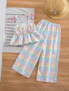 SHEIN Little Byeori 小女孩格子蝴蝶结装饰荷叶边上衣和阔腿裤休闲日常穿搭 - 彩色 - 查看 2