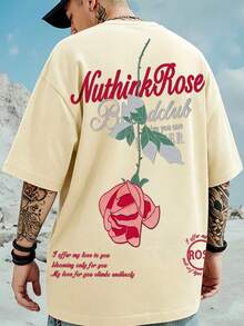 Claim Dot 男士夏季时尚街头休闲玫瑰花标语印花短袖T恤 - 杏色 - 查看 5