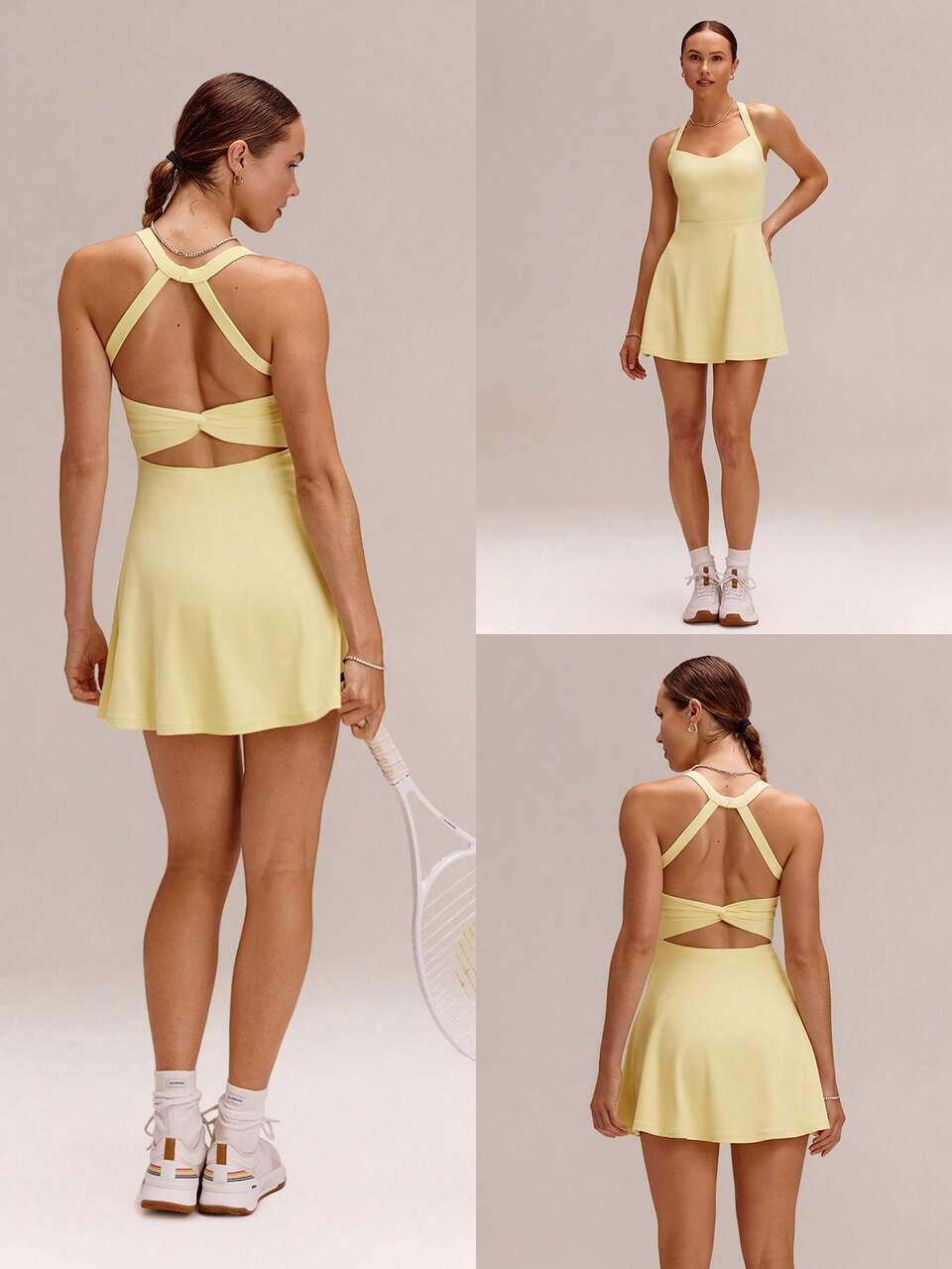 Vestido halter de verano de secado rápido y transpirable con bolsillo anudado y efecto "peekaboo" incorporado, de bajo impacto, para uso diario