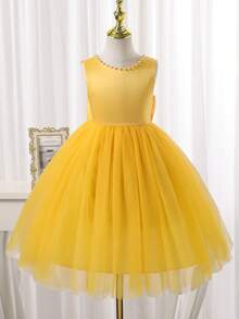SHEIN Glamorique Kids 少女黃色無袖珍珠蝴蝶結網紗疊層洋裝，適合晚宴、生日、生日派對、表演、夏季婚禮，可愛風格 - 黃色 - 查看 2