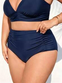 SHEIN CURVE+ Summer Beach Plus Ruched High Waisted Bikini Bottom, Beach Outfits For Woman, Plus Size For Woman, Bathing Suits, Slimming Swimwear - Navy Blue - View 4