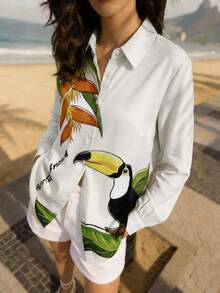 CAJUNI Women's Summer Vacation Beach Tropical Plant Print Button Front Shirt, Shirts For Women Casual - Beige - View 6