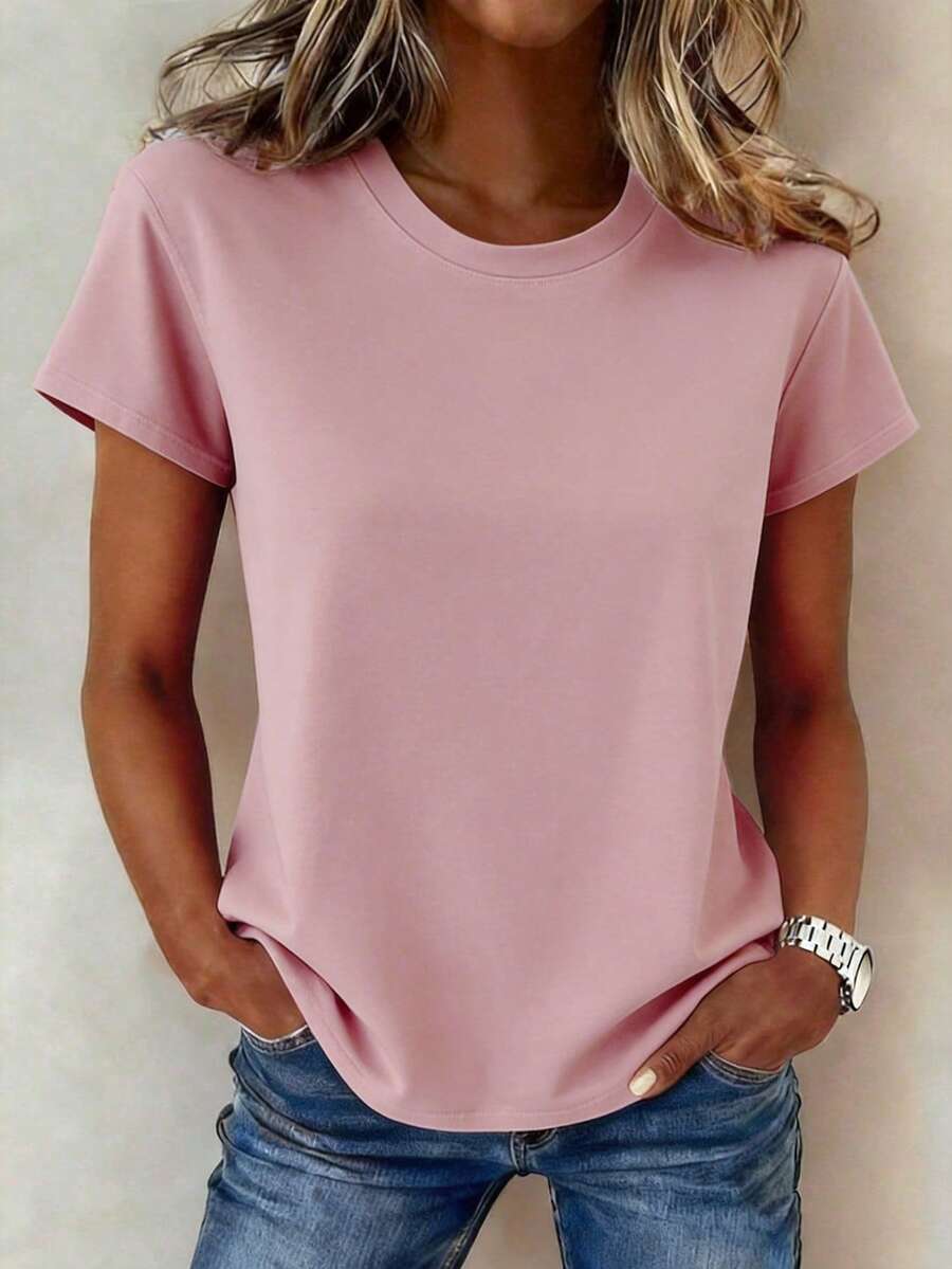 EMERY ROSE Women's Solid Color Minimalist Round Neck Short Sleeve T-Shirt, Suitable For Daily Commute And Outdoor - Dusty Pink - View 1