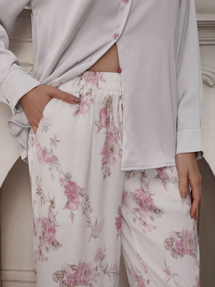 Elegant Satin Loose Top & Floral Printed Pajama Pants Women Sleepwear Set