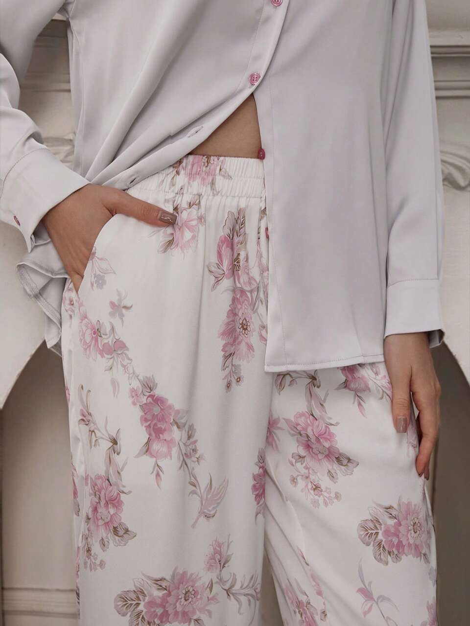 Elegant Satin Loose Top & Floral Printed Pajama Pants Women Sleepwear Set