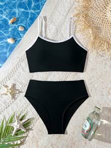 SHEIN Casual Vacation Style Backless Hollow Design Bikini Top With Wine Red Trim, Suitable For Beach Vacation, Swimming Party, Pool, Spa, Teenagers (Female) - Black - View 3