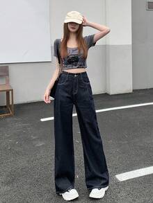 Dazy Tall Quần jeans nữ ống đứng cạp thường, kiểu dáng thường ngày năng động, phong cách đường phố và đô thị. - Rửa tối - Xem 2