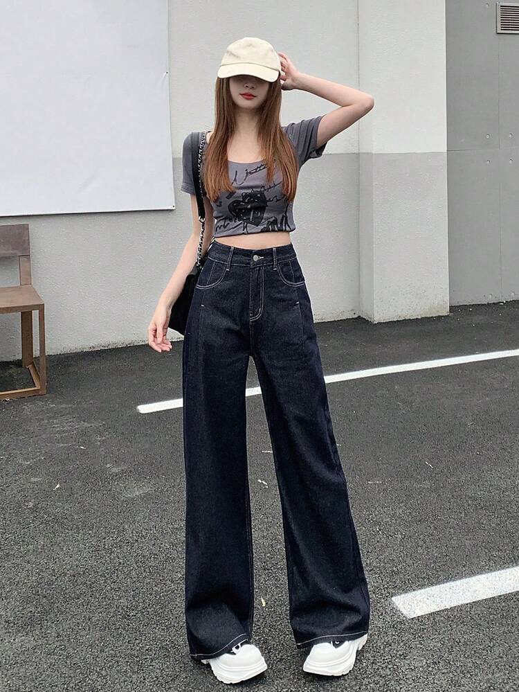 Women's Regular Waist Straight Leg Casual Jeans, Street & Urban Leisure Style