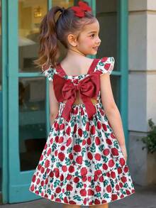 SHEIN Genkimix Kids Young Girl' Floral Print Exposed Waist Bow Decor Elegant Cap Sleeve Dress, Suitable For Summer Outings, Vacations, Parties - White - View 8