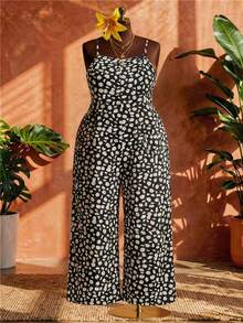 SHEIN CURVE+ Mono informal con estampado floral y tirantes finos para mujer talla grande, conjunto para el 4 de julio, 1 de julio/rojo, blanco y azul, atuendo de graduación, mono de primavera/verano - Multicolor - Ver 5