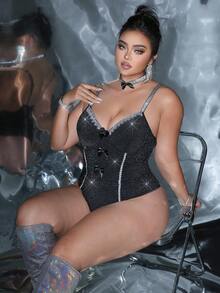 MidnightGlam Plus Size Women Shiny Silver Bowknot Camisole Bodysuit With Neck Scarf 2 Pieces Set, Black Summer Rave Lingerie For Honeymoon,Date Night Outfit - Black - View 4