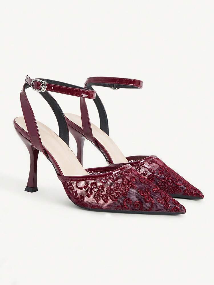 CUCCOO CHICEST Summer Ladies Elegant Luxury Burgundy Mesh Embroidered Women's Shoes Shopping Party Commuter Office Fashion Pointed High Heels Summer Shoes