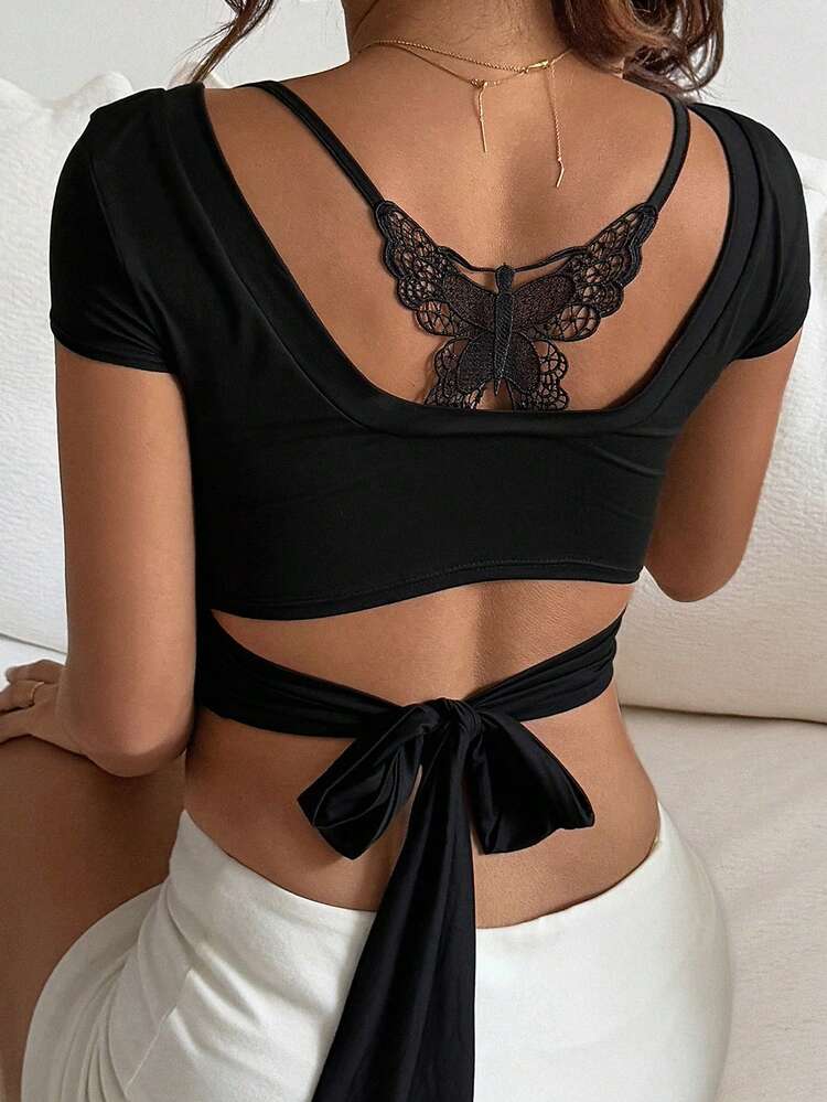 Women's Backless Bowknot Tie Back Casual Tight Fitting Short Sleeve T-Shirt, Spring & Summer