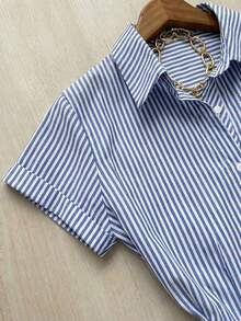 Franclia Conjunto de 2 piezas para mujer con bloqueo de color, cuello a rayas, cintura plisada y mangas cortas - Azul - Ver 4