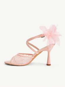 CUCCOO CHICEST Women Shoes Autumn New Mesh Yarn With Bow Stiletto Heels Round Toe Embroidered Sandals - Pink - View 13
