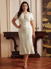 Anewsta Vestido formal de talla grande blanco de otoño, elegante, de color liso, de punto pesado con cable de cuerda retorcida, volantes en el bajo, abotonado, plisado y con cola de sirena - Albaricoque - Ver 3