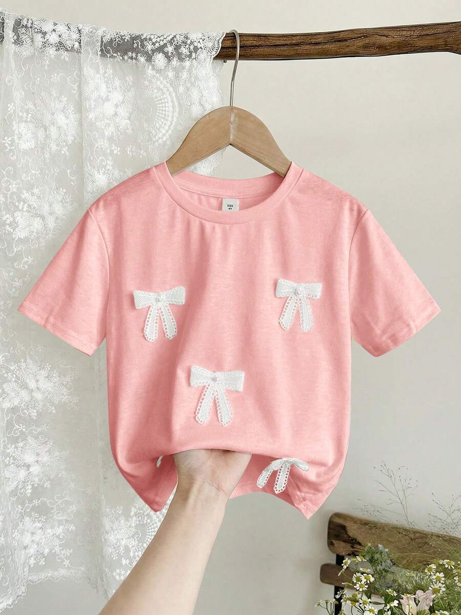 SHEIN LMoss Kids 女婴可爱3D蝴蝶结白色T恤,休闲百搭,适合各种场合 - 粉色 - 查看 1