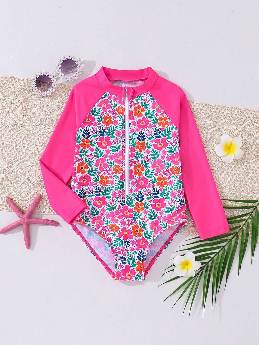 SHEIN 女童碎花拼接插肩袖半拉链连体泳衣，沙滩/度假风 - 彩色 - 查看 1