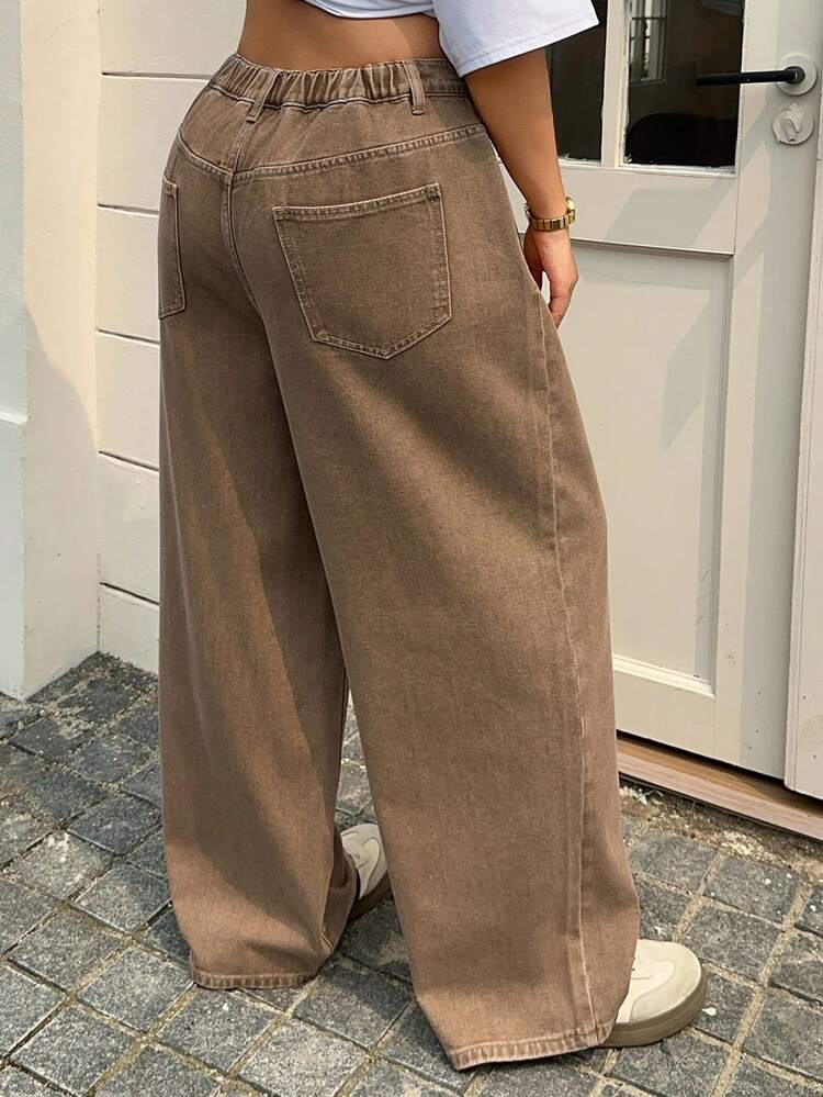 Dazy Plus Street Style Distressed Decor Casual Loose Flared Jeans, Washed Brown, Plus Size Women Long Denim Pants