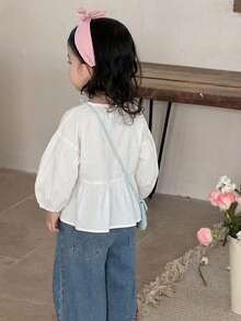 DAZY Blusa casual de cuello redondo de unicolor con volantes en el bajo para niñas bebé, primavera/otoño - Blanco - Ver 2