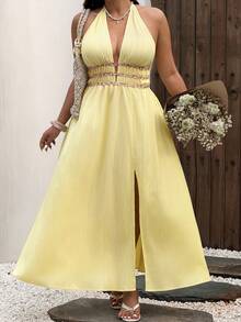 Sunnyshic Light Yellow Deep V-Neck Backless A-Line Maxi Dress,Floral Pattern Waist,Ruffle Hem Summer Tropical Vacation Holiday Beach Wedding Guest Travel - Yellow - View 8