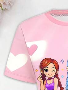 SHEIN Elladie kids 一件印有卡通女团图案、标志和爱心泡泡装饰的女童连衣裙，风格甜美柔和，符合韩式美学。适合夏季外出穿着，韩式风格，返校季服装，舒适时尚的儿童T恤裙 - 彩色 - 查看 4