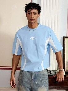 SWAVVY Camiseta de manga corta de punto holgada de estilo patchwork para jóvenes, de verano, ideal para usar en la calle - Celeste - Ver 4