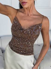 SHEIN Lavishia Elegant Sequin Embellished Plunge Neck Vacation Blouse - Brown - View 5