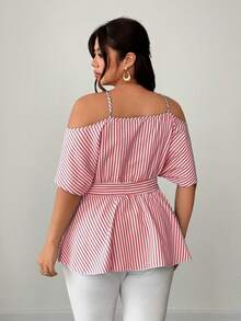 Elenzga Plus Size Spaghetti Strap Tie-Front Striped Cute Blouse - Red - View 5