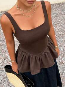 DAZY Women's Solid Color Square Neck Waist Splice Ruffle Hem Zipper Elegant Summer Vacation Camisole Babydoll Top - Brown - View 10