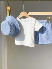 SHEIN Bộ 3 món cho bé trai/bé gái, gồm áo thun ngắn tay kẻ sọc chanh dễ thương, quần short và mũ, thích hợp cho mùa xuân/hè. - Nhiều màu - Xem 6