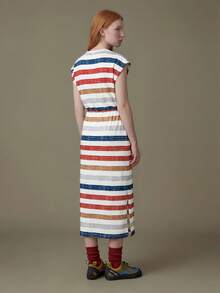 女士条纹拼接系带腰部开衩下摆短袖连衣裙 - 彩色 - 查看 2