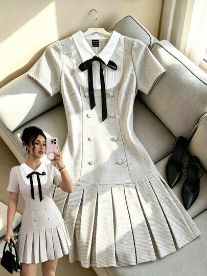 GlowEve Đầm nữ dáng chữ A xếp ly, phối eo, họa tiết kẻ caro ngọc trai thanh lịch, chất liệu jacquard.