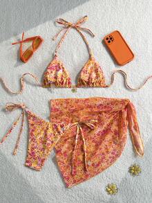 Swim Mod Set de 3 piezas de traje de baño de vacaciones de verano en la playa con parte superior tipo halter con textura floral y decoración de flores doradas, pantalones cortos con lazo lat - Multicolor 4 - Ver 12