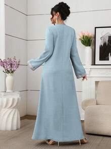 Al Najma Đầm maxi dài tay rộng rãi, thanh lịch, thêu họa tiết truyền thống Thổ Nhĩ Kỳ và Ả Rập dành cho phụ nữ. - Màu xanh lam - Xem 2