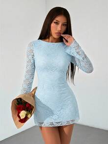 SHEIN PETITE Đầm nữ thanh lịch thêu ren phối nhiều lớp, thích hợp cho kỳ nghỉ và hẹn hò. - Màu xanh lam - Xem 4