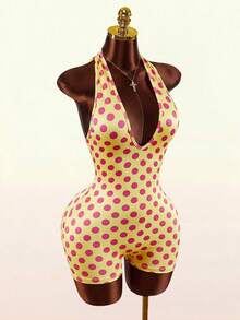 Amplova Bộ jumpsuit nữ màu vàng đen chấm bi, kiểu cổ yếm buộc dây, hở lưng, ôm sát gợi cảm, họa tiết chấm bi retro Y2K, chi tiết nhún bèo dễ thương ở phần mông. - Nhiều màu - Xem 5