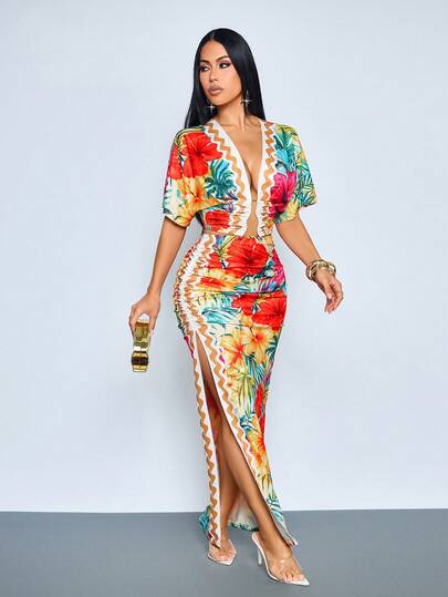 SOLERSUN Women's Hawaiian Tropical Print Short Sleeve Crop Top With Ring Detail & High-Slit Maxi Skirt Two Pieces Set ,Sexy Vacation Outfit For Beach & Resort Parties