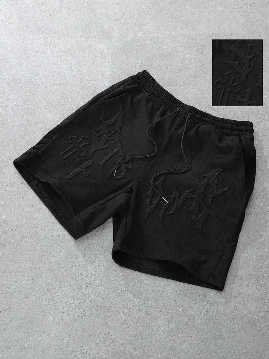 ROMWE MEN 男士哥特式文字印花短裤 - 黑色 - 查看 1