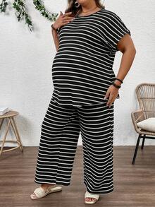 Plussiva 大码孕妇休闲度假通勤条纹印花蝙蝠袖短袖宽松上衣和阔腿裤两件套，春夏秋季 - 黑色 - 查看 6