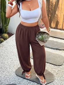 Modelyn Plus Size Women's Elegant Casual Cinched Waist Loose Harem Pants, Solid Color, Spring/Summer - Brown - View 6