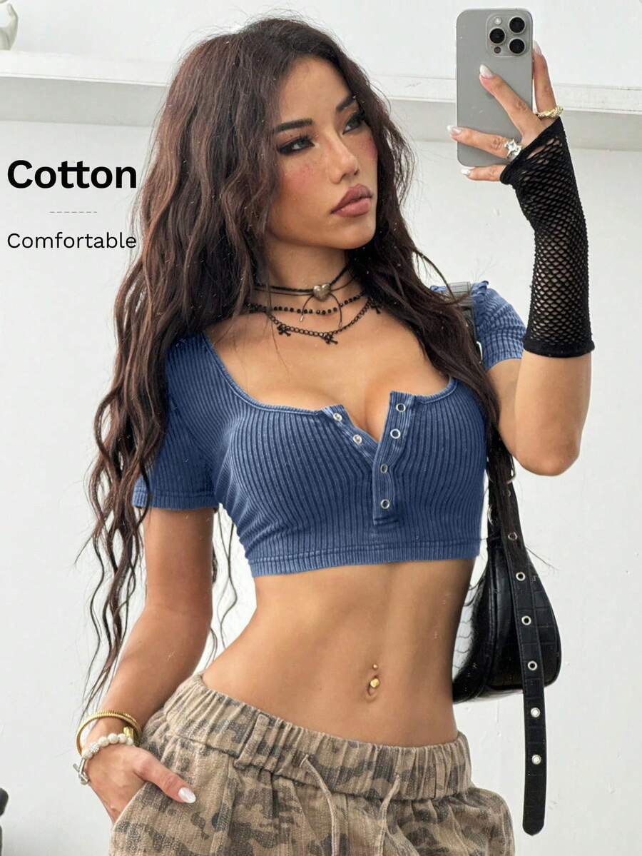 SHEIN Coolane Áo thun nữ dáng ngắn tay, chất liệu cotton dệt kim kiểu grunge, phong cách thể thao, mùa xuân/hè, đã qua xử lý giặt, cài nút. - Xanh đậm - Xem 1